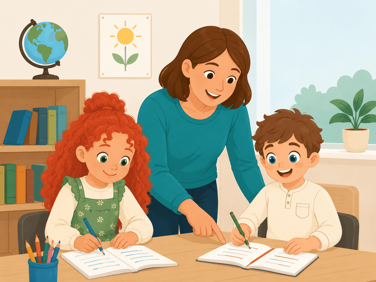 Twee kinderen die samen met een leerkracht leren