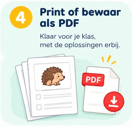 Stap 4: Print of bewaar als PDF. Klaar voor je klas, met de oplossingen erbij.